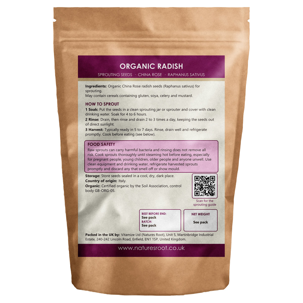 Organic Radish China Rose Sprouting Seeds - back of pack