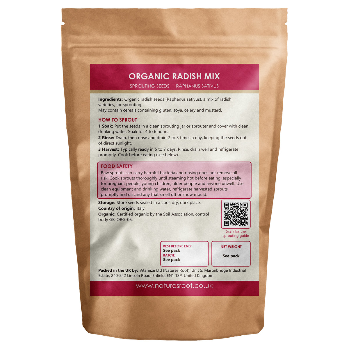 Organic 'Radish Mix' Sprouting Seeds - back of pack