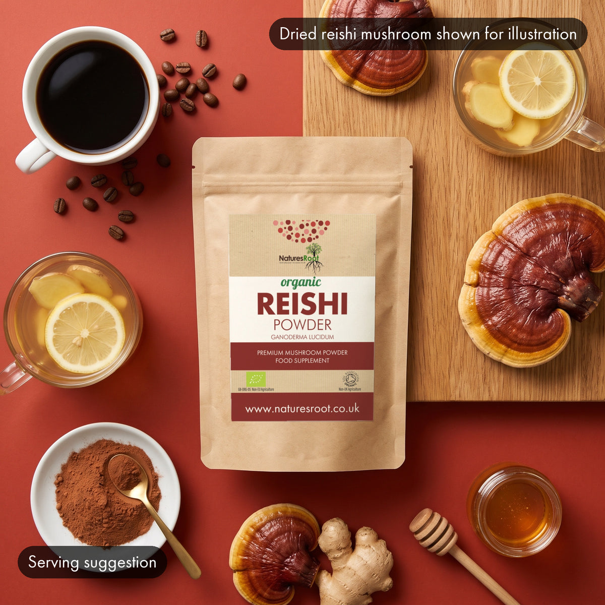 Overhead view of a reishi mushroom powder pouch with black coffee, ginger tea, honey, a dish of the red-brown powder and dried reishi mushrooms shown for illustration. Serving suggestion.