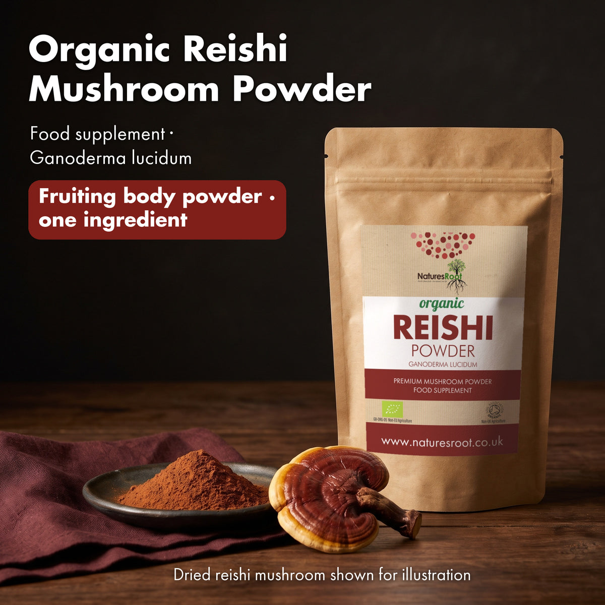 Pouch of organic reishi mushroom powder with a small dish of the red-brown powder and a dried reishi mushroom, shown for illustration.