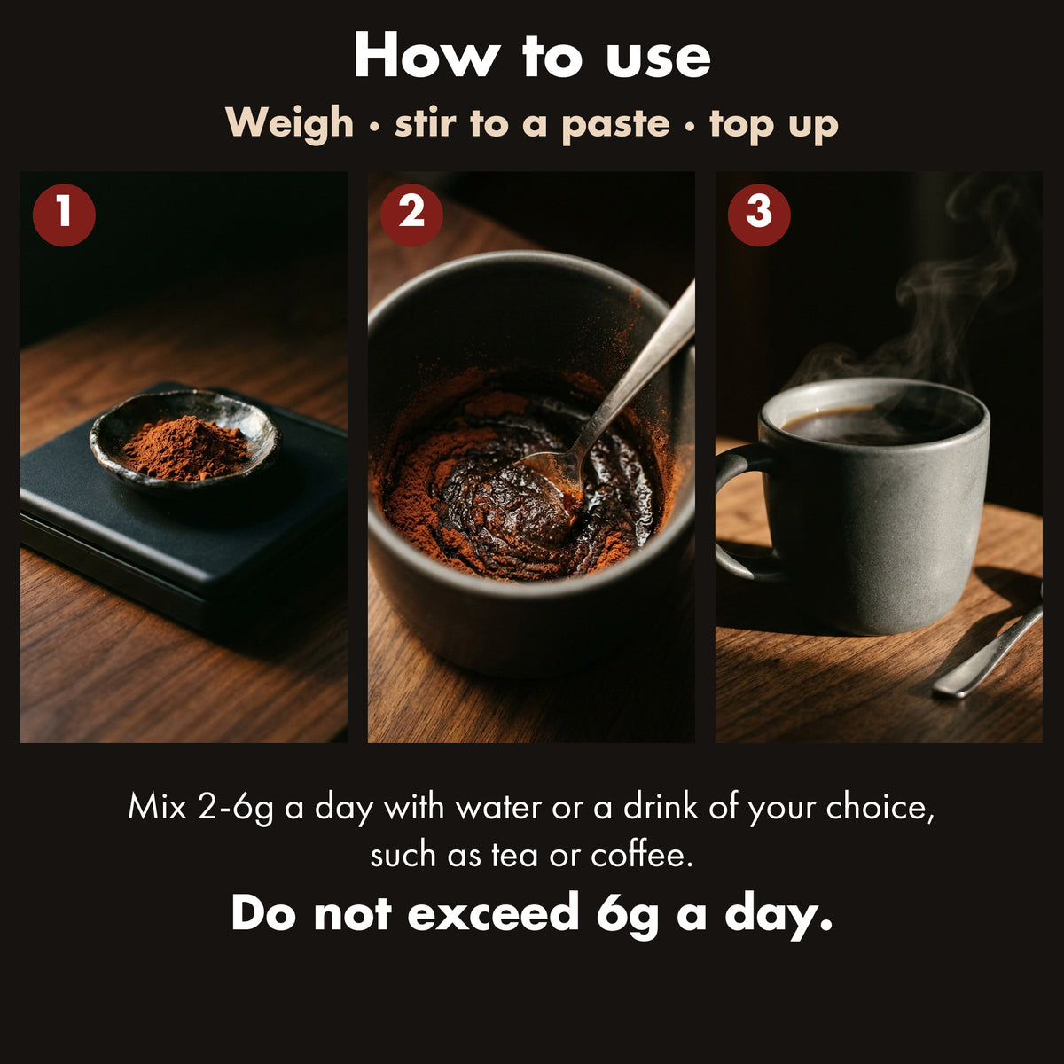 Weighing reishi powder on kitchen scales, stirring it to a paste with coffee and topping up the mug.