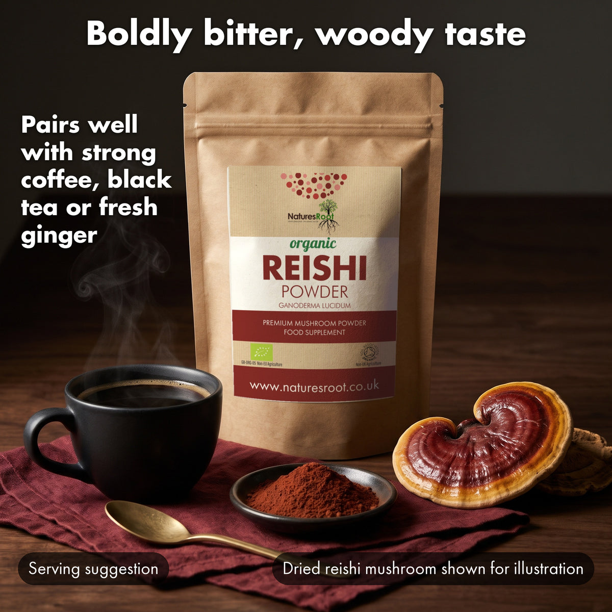 Black coffee in a dark mug next to a reishi powder pouch, a dish of the powder and a dried reishi mushroom shown for illustration. Serving suggestion.