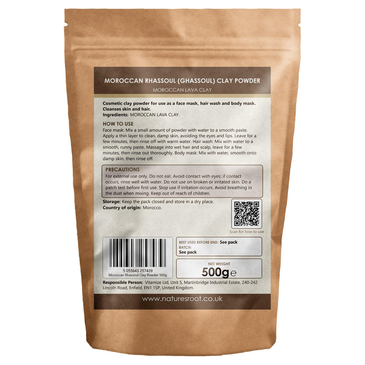 Premium Rhassoul Clay Powder by Nature's Root - 500g back label