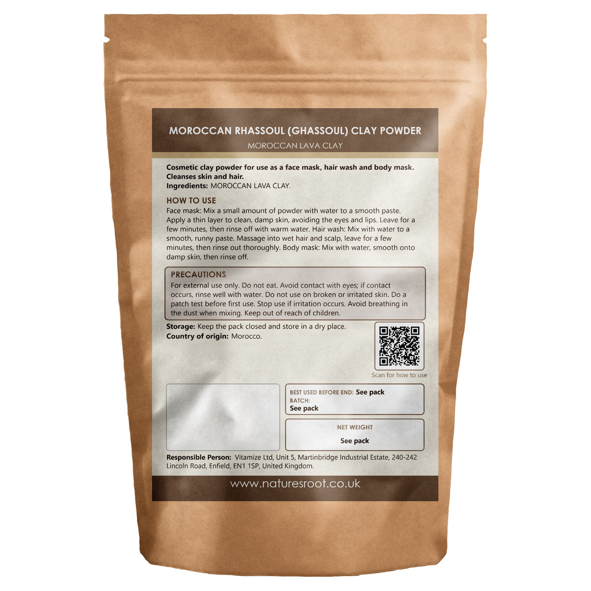Rhassoul Clay Powder - back of pack with how to use and precautions