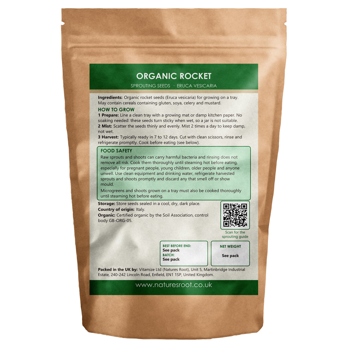 Organic Rocket (Arugula) Sprouting Seeds - back of pack