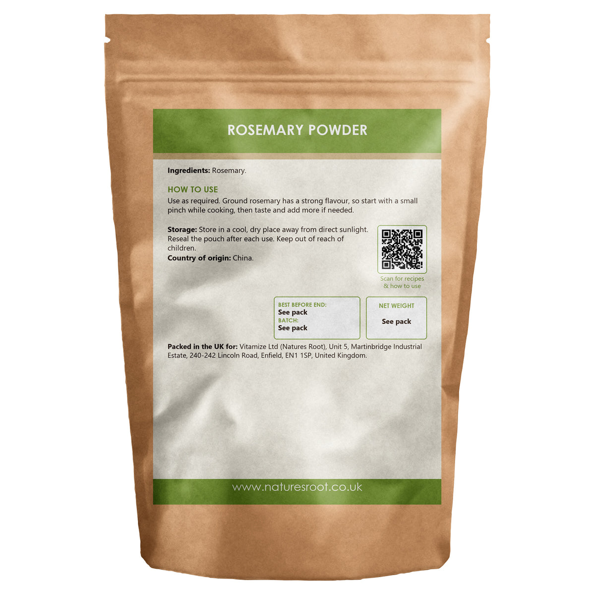 Premium Rosemary Powder by Nature's Root - back of pouch