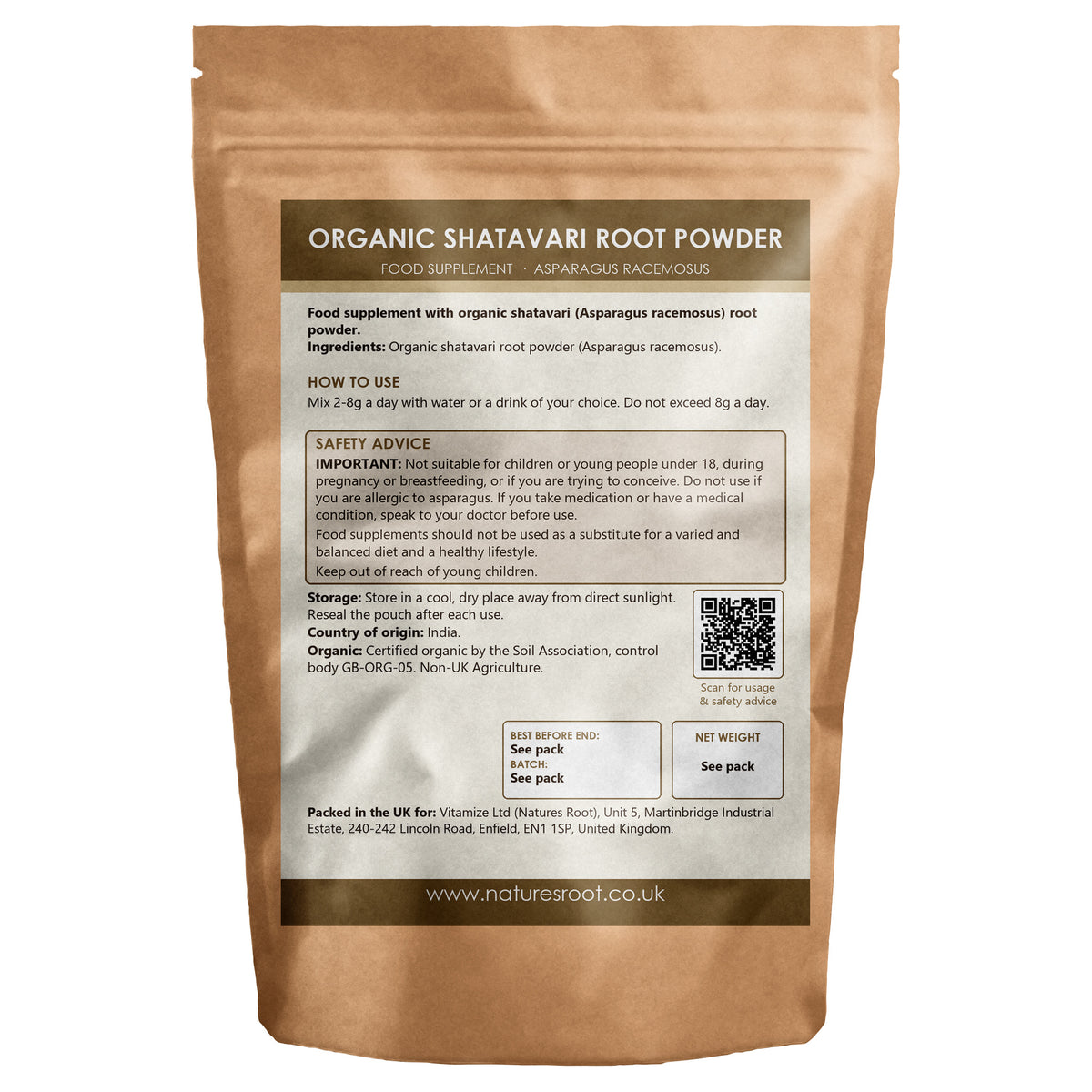 Organic Shatavari Powder (Wild Asparagus) by Nature's Root - back of pouch
