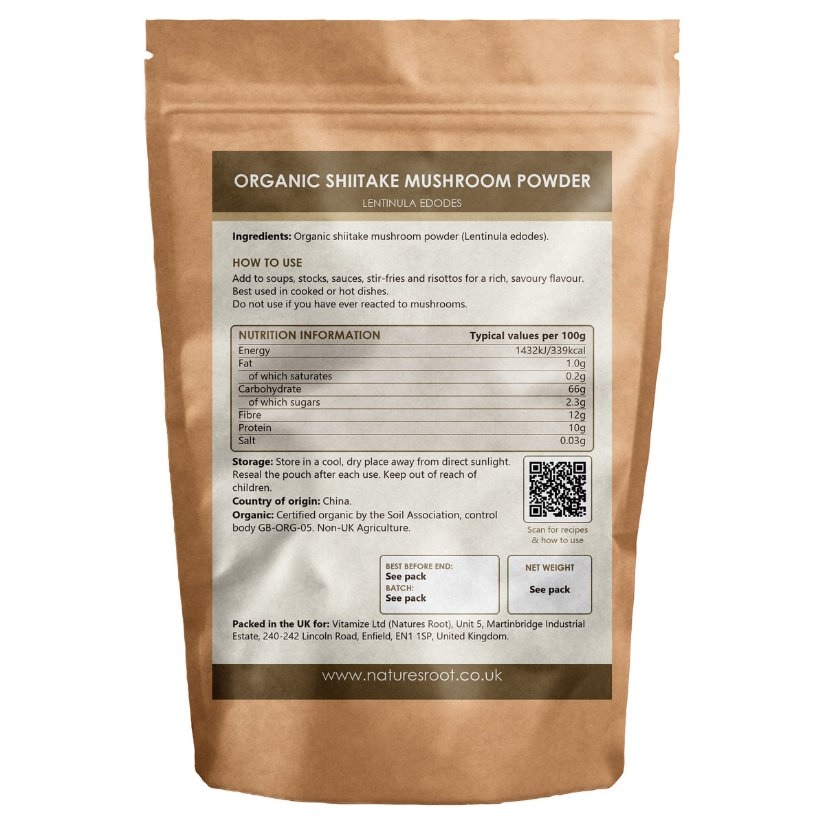 Organic Shiitake Mushroom Powder by Nature's Root - back of pouch