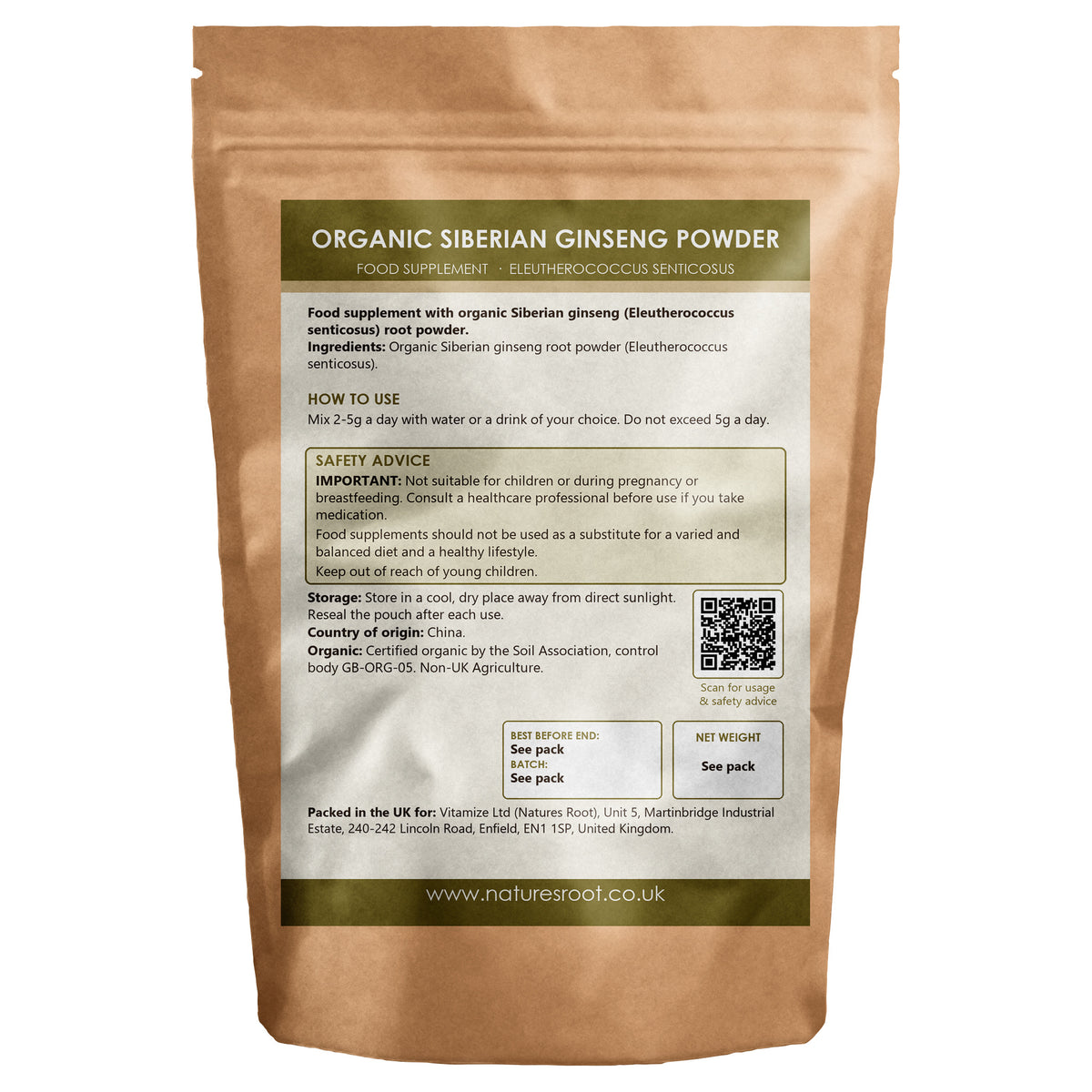 Organic Siberian Ginseng Powder - back of pack