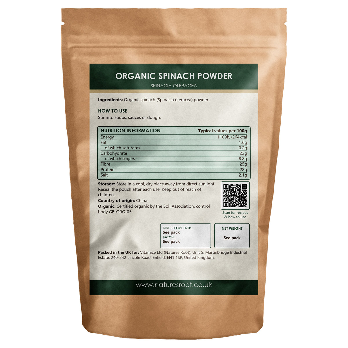 Organic Spinach Powder - back of pack