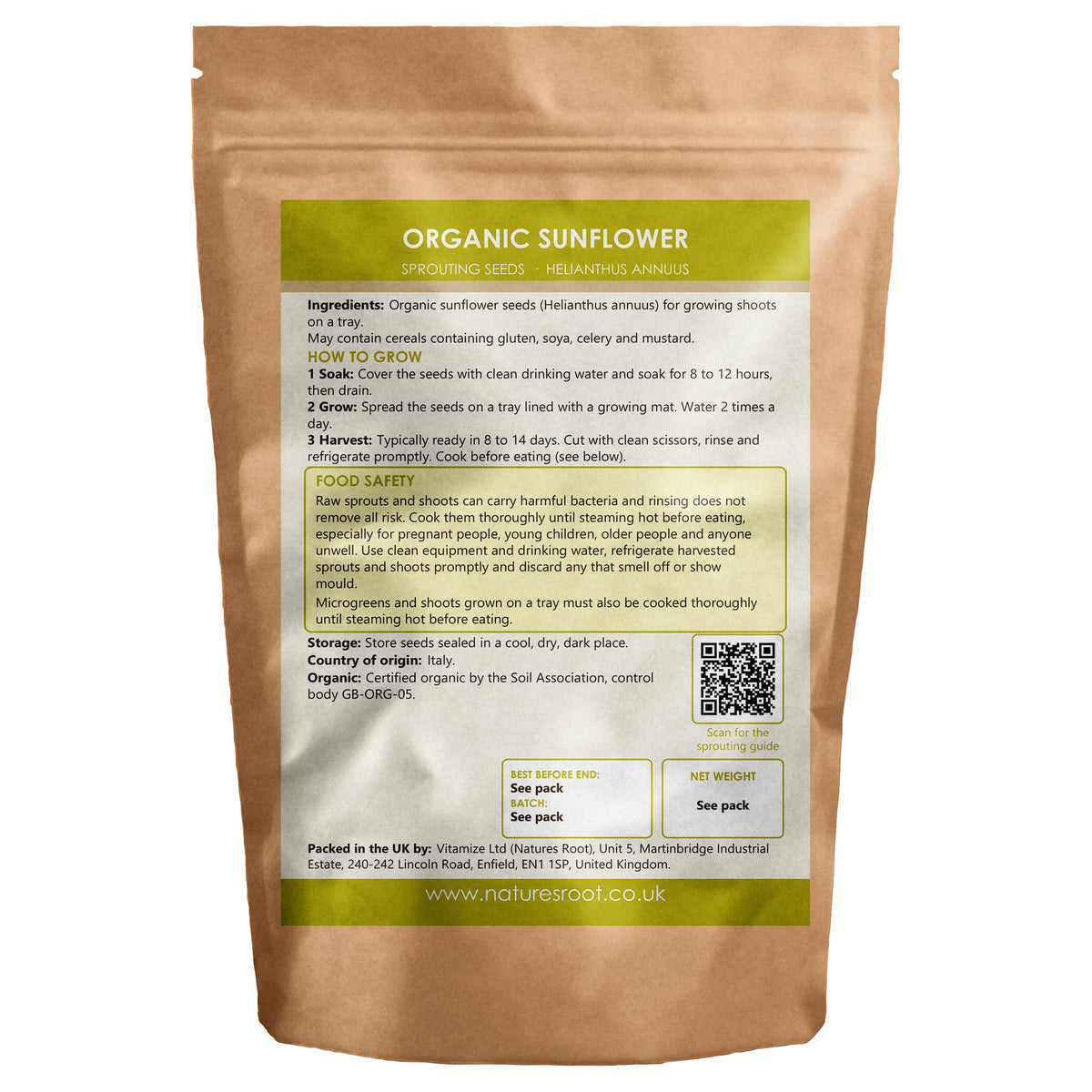 Organic Sunflower Sprouting Seeds - back of pack