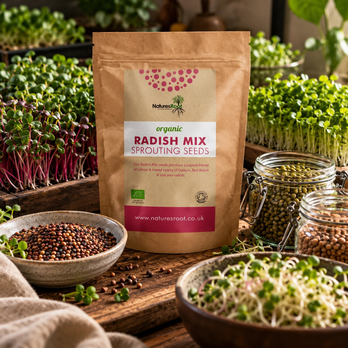 Nature's Root organic radish mix sprouting seeds pouch with microgreens and jars of sprouts