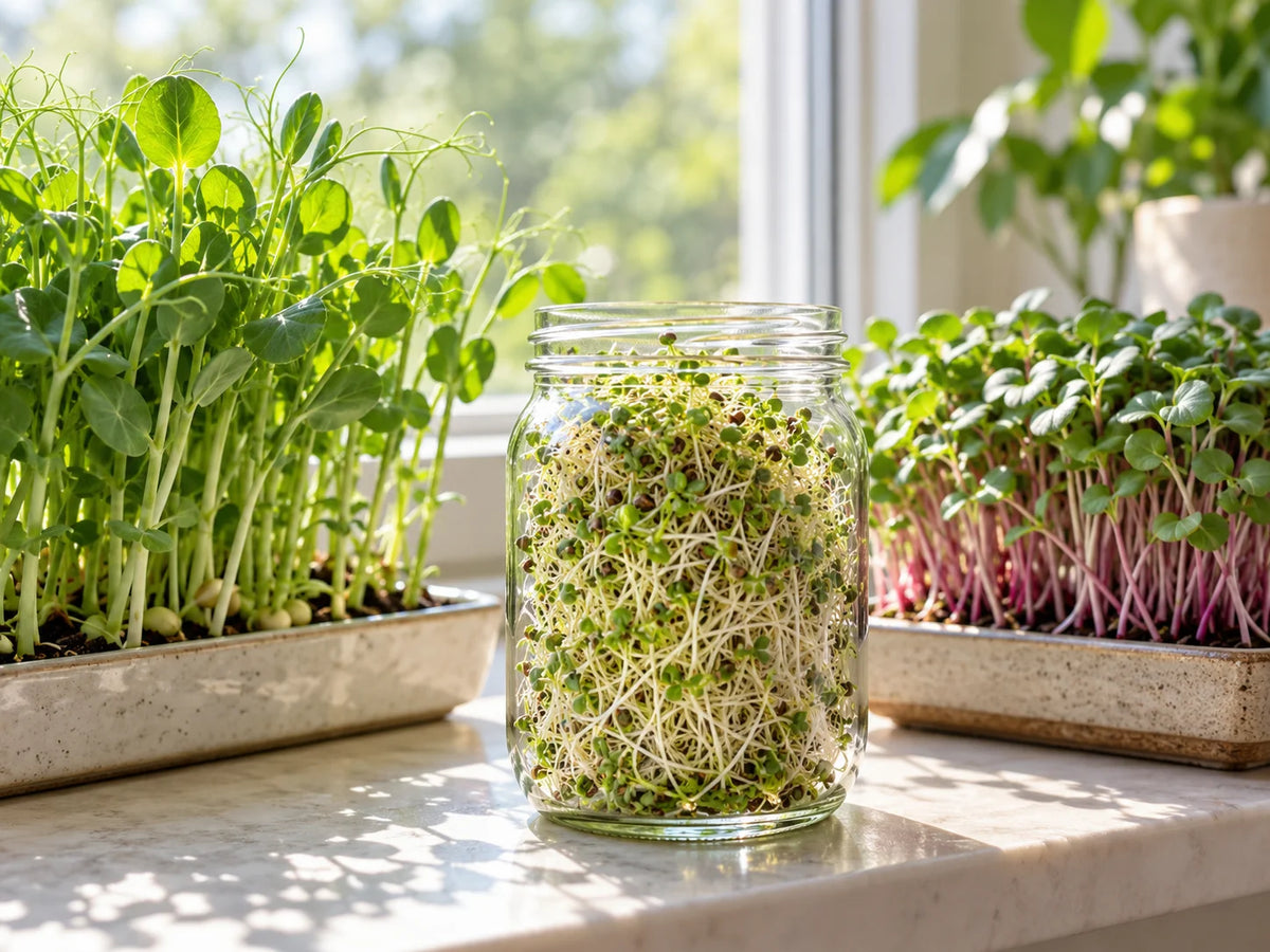 Pea shoots, a jar of alfalfa sprouts and red microgreens growing on a sunny windowsill