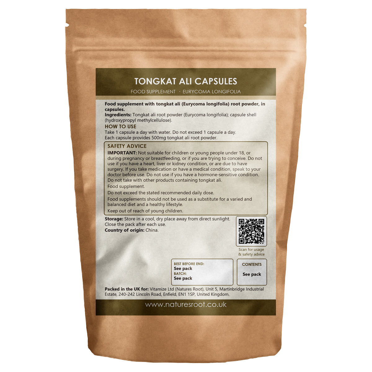 Premium Tongkat Ali Capsules by Nature's Root - back of pouch