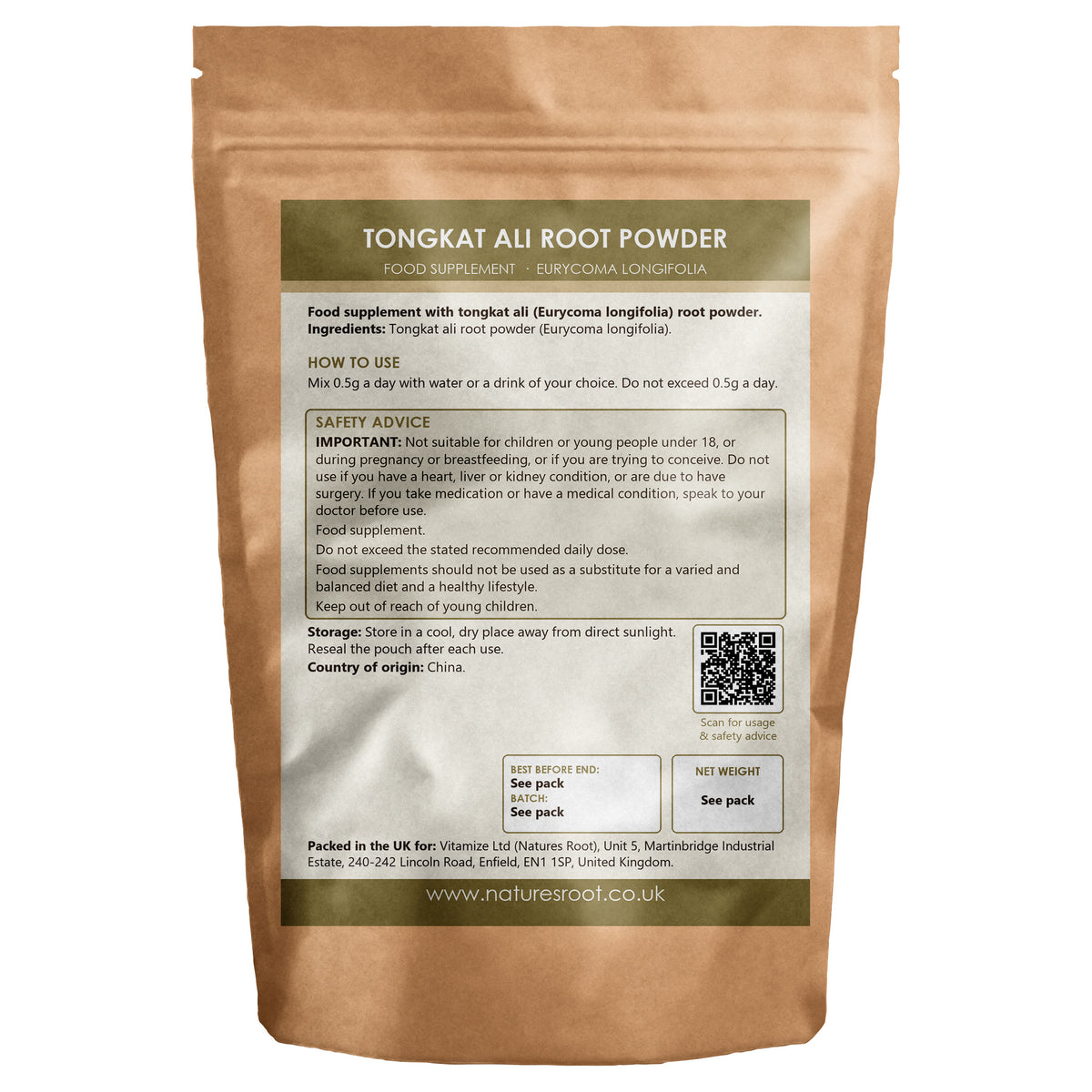 Premium Tongkat Ali Powder by Nature's Root - back of pouch