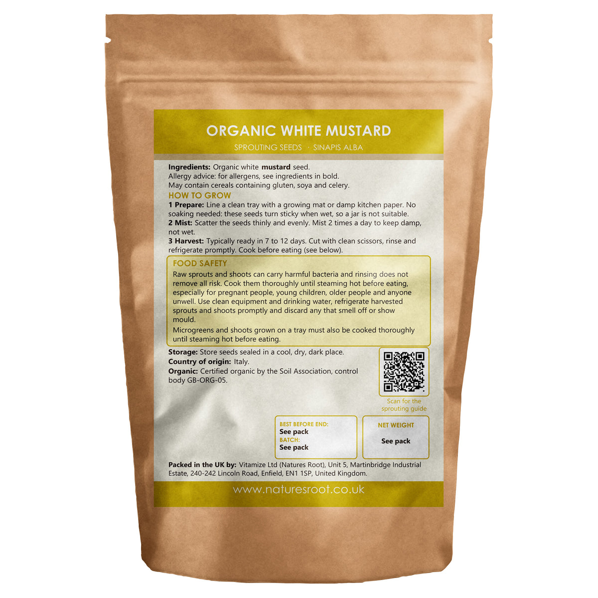 Organic Mustard Sprouting Seeds - back of pack