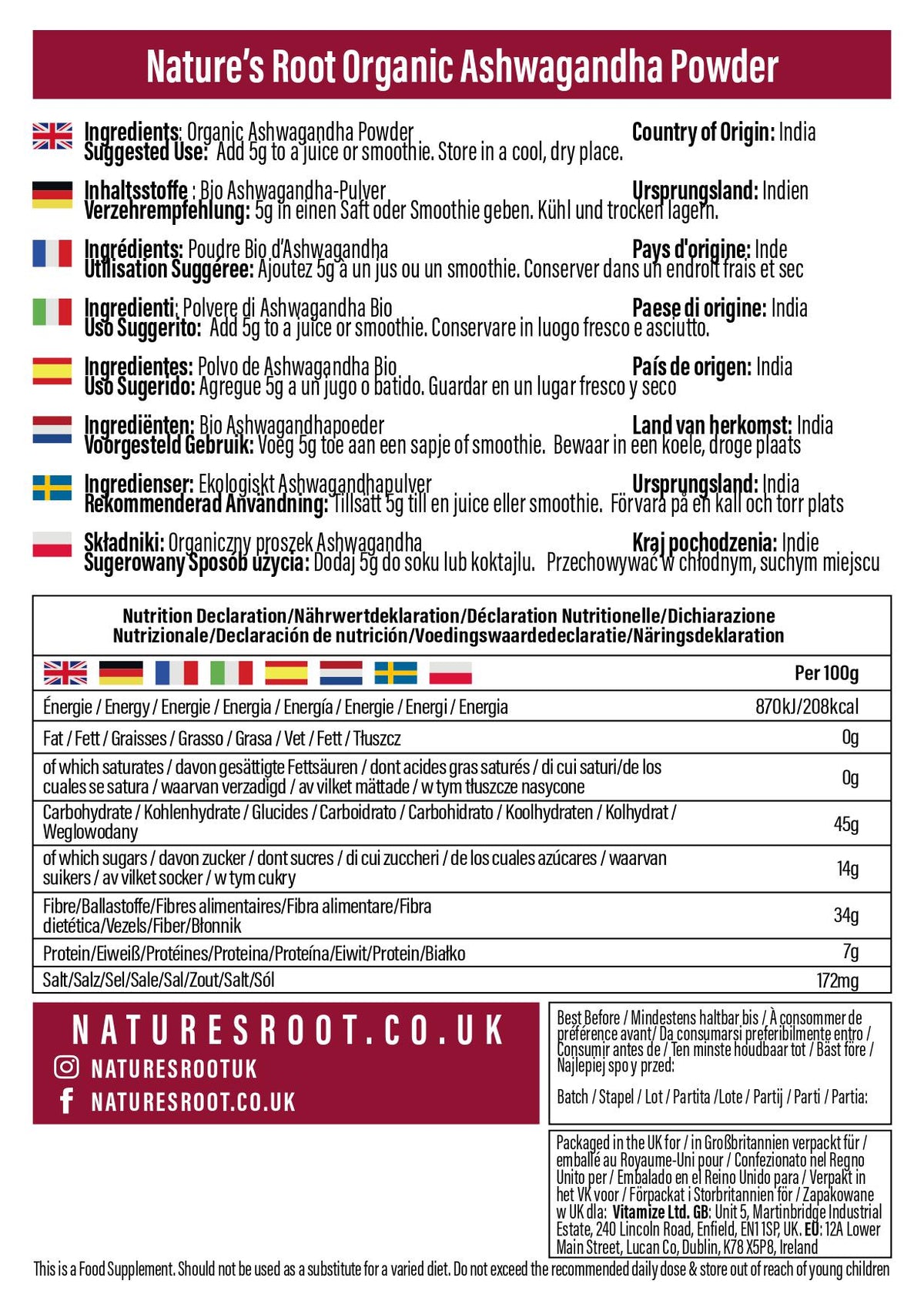 Bio-Ashwagandha-Pulver von Nature's Root – 250 g