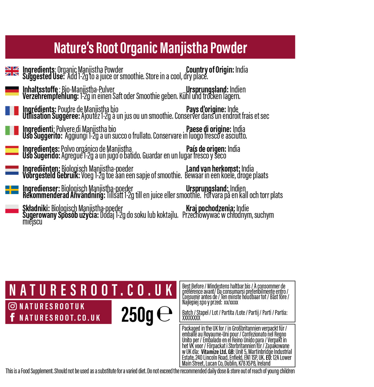 Organic Manjistha Powder by Nature's Root – 250g